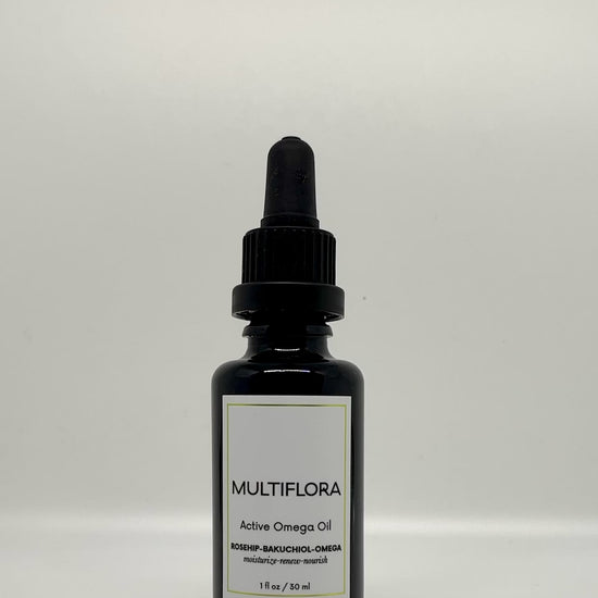 Natural skincare product containing rosehip oil, bakuchiol, and vitamin C. Antioxidant skincare blend